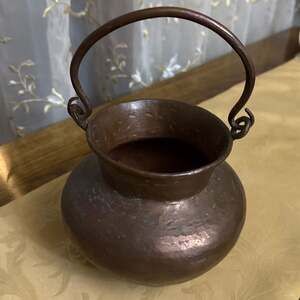 Antique Hand Hammered Copper Cauldron Pot with Brass Handle
